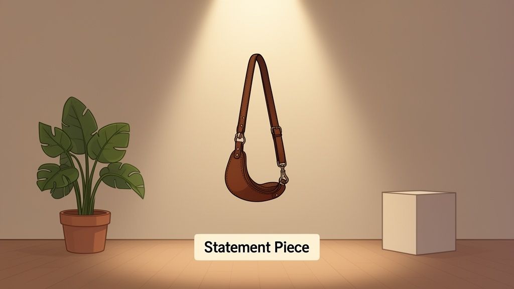 A brown leather crescent shoulder bag illuminated by a spotlight, with a potted plant and a white cube.