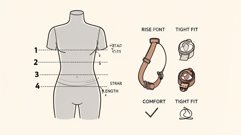 Diagram illustrating body measurements with numbered lines and examples of comfort versus tight fit for accessories.