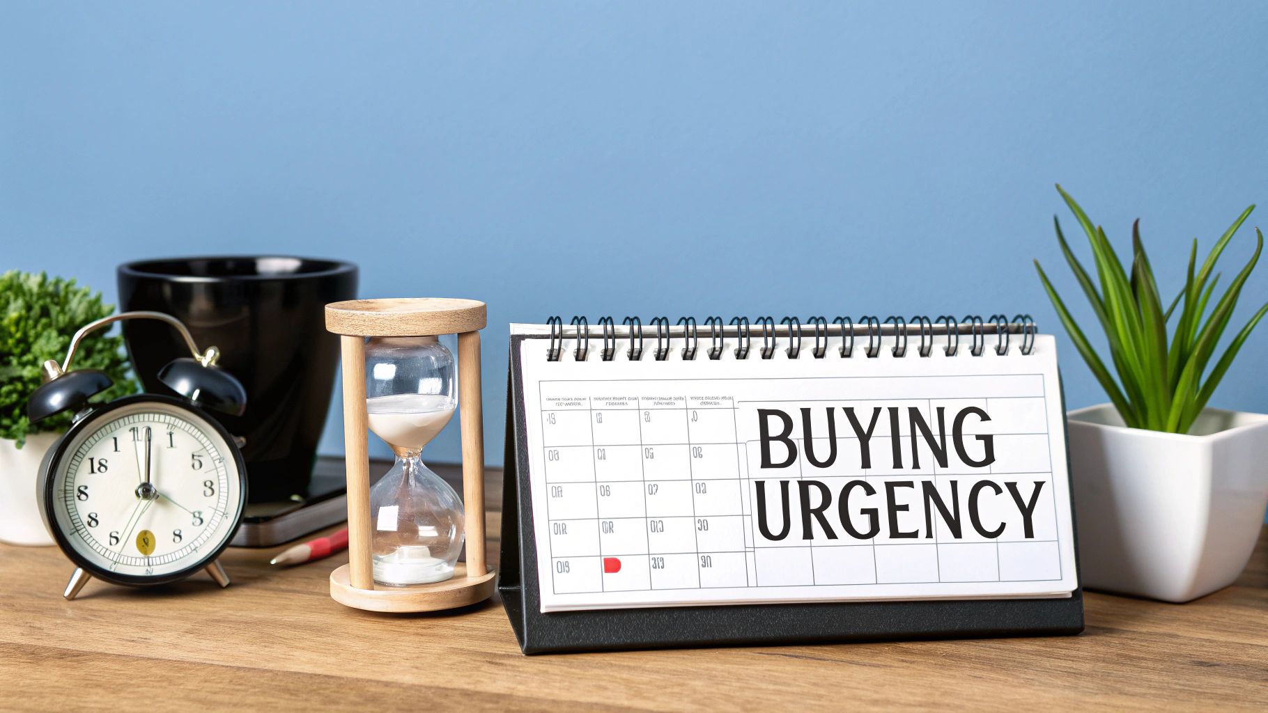 A desk with an alarm clock, hourglass, and a calendar displaying 'BUYING URGENCY'.