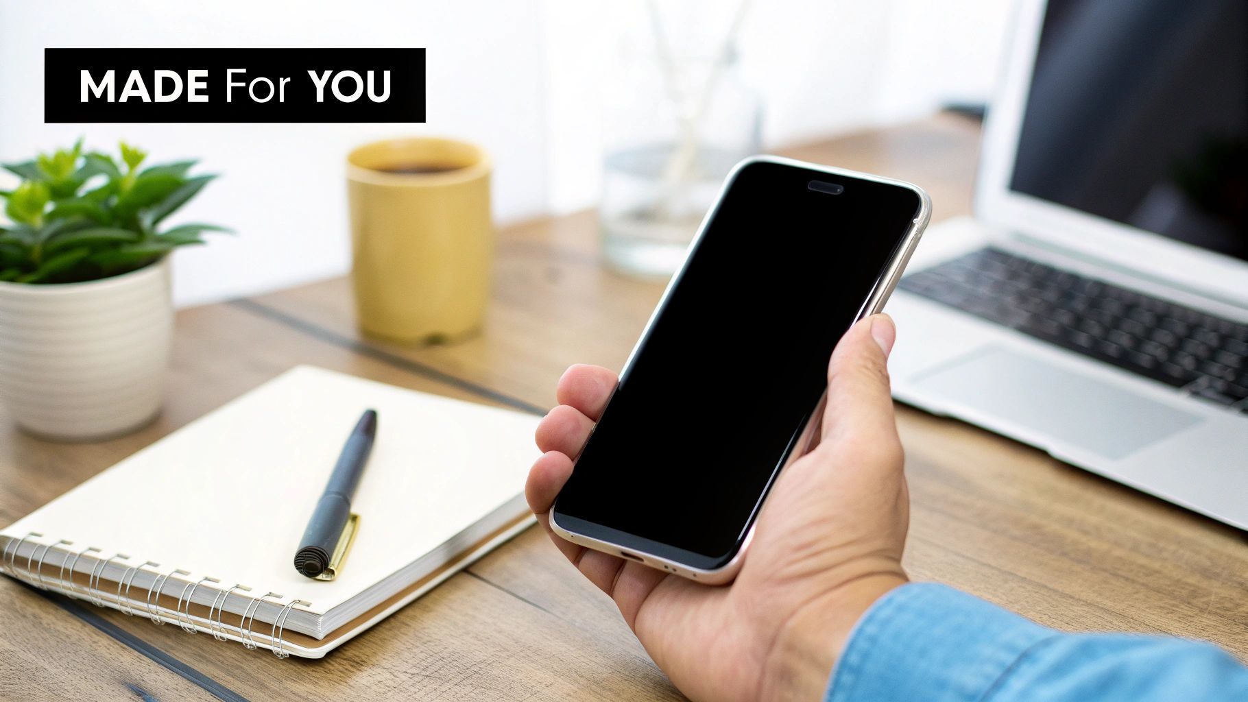 A hand holds a smartphone with a blank screen, near a notebook, pen, plant, and laptop on a wooden desk.