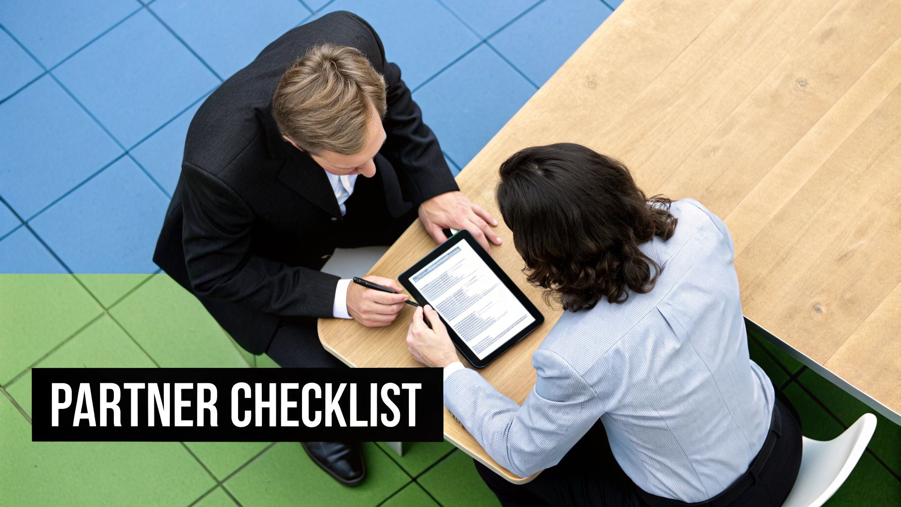 Overhead view of two professionals collaborating on a digital checklist on a tablet.