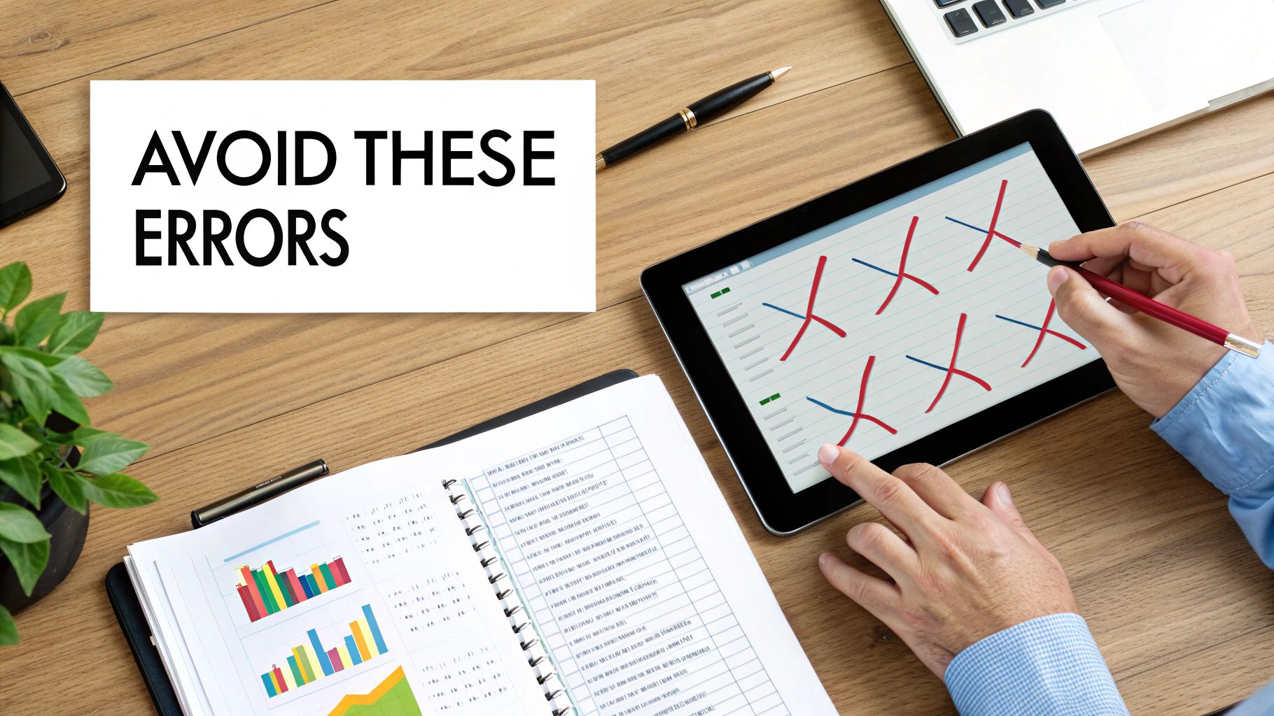 Hands marking errors on a tablet, with a note 'AVOID THESE ERRORS' on a wooden desk.