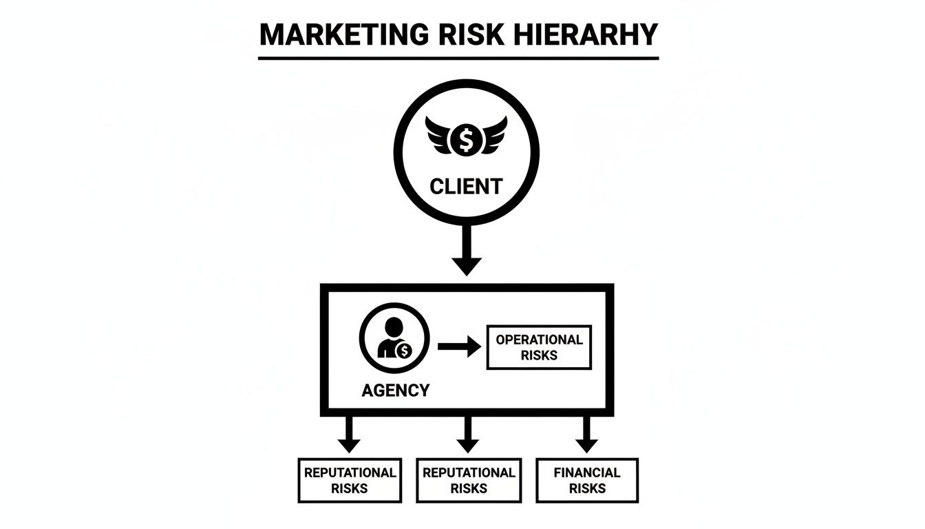 A diagram illustrates the marketing risk hierarchy, showing risks from client to agency, including operational, reputational, and financial risks.
