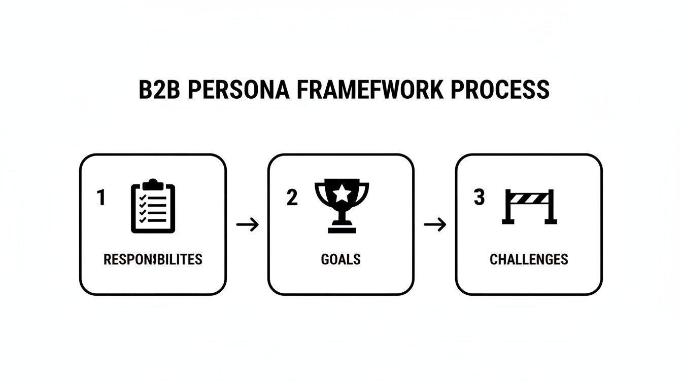 Diagram illustrating the B2B Persona Framework Process with three steps: Responsibilities, Goals, and Challenges.
