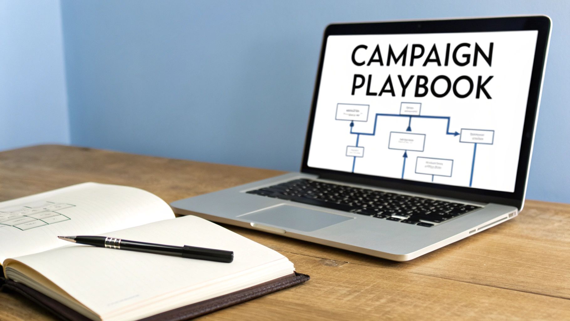 A laptop displaying "CAMPAIGN PLAYBOOK" with a flowchart, beside an open notebook and pen on a wooden desk.