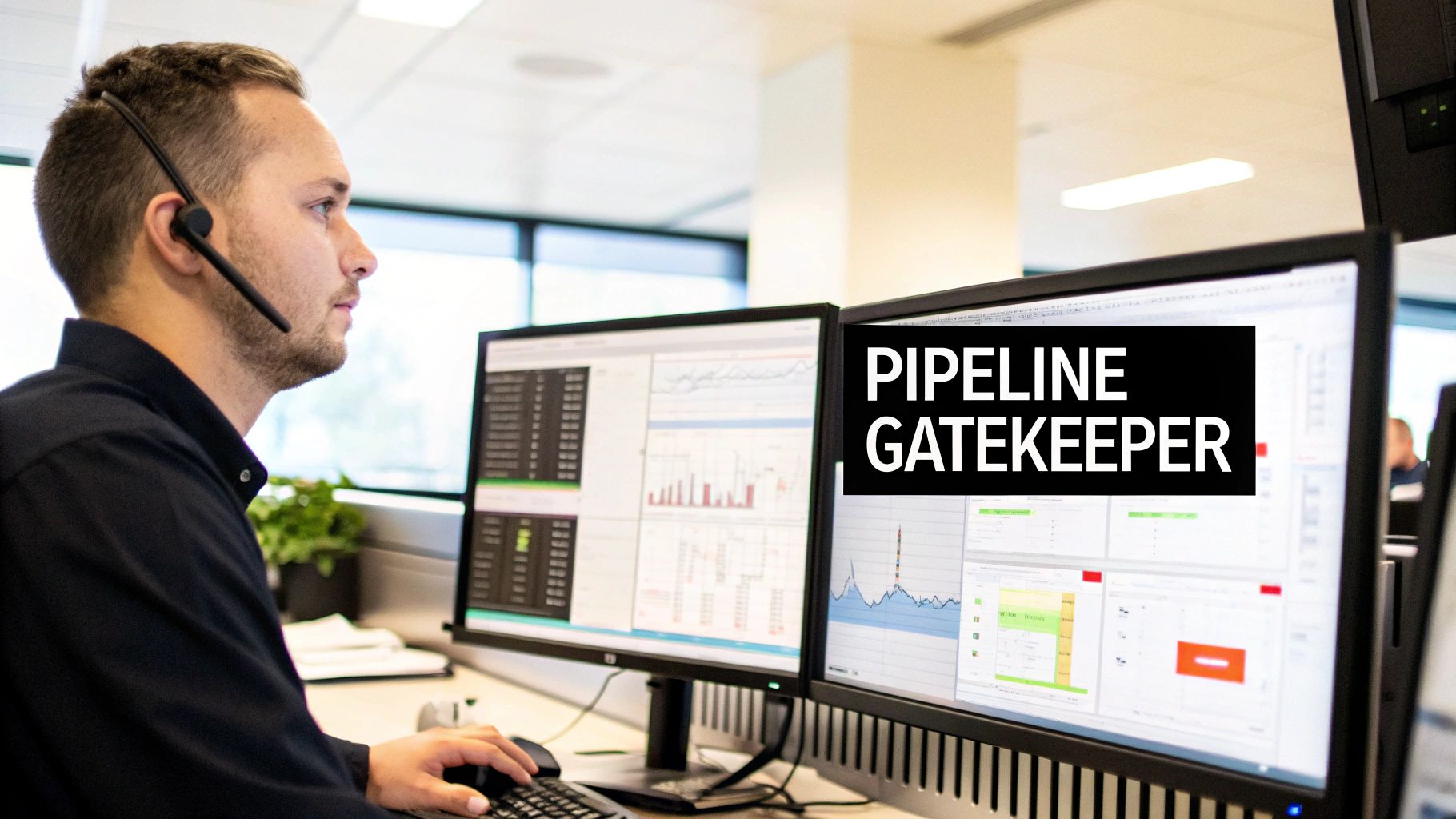 A man wearing a headset works at a desk, intently monitoring multiple computer screens with data.