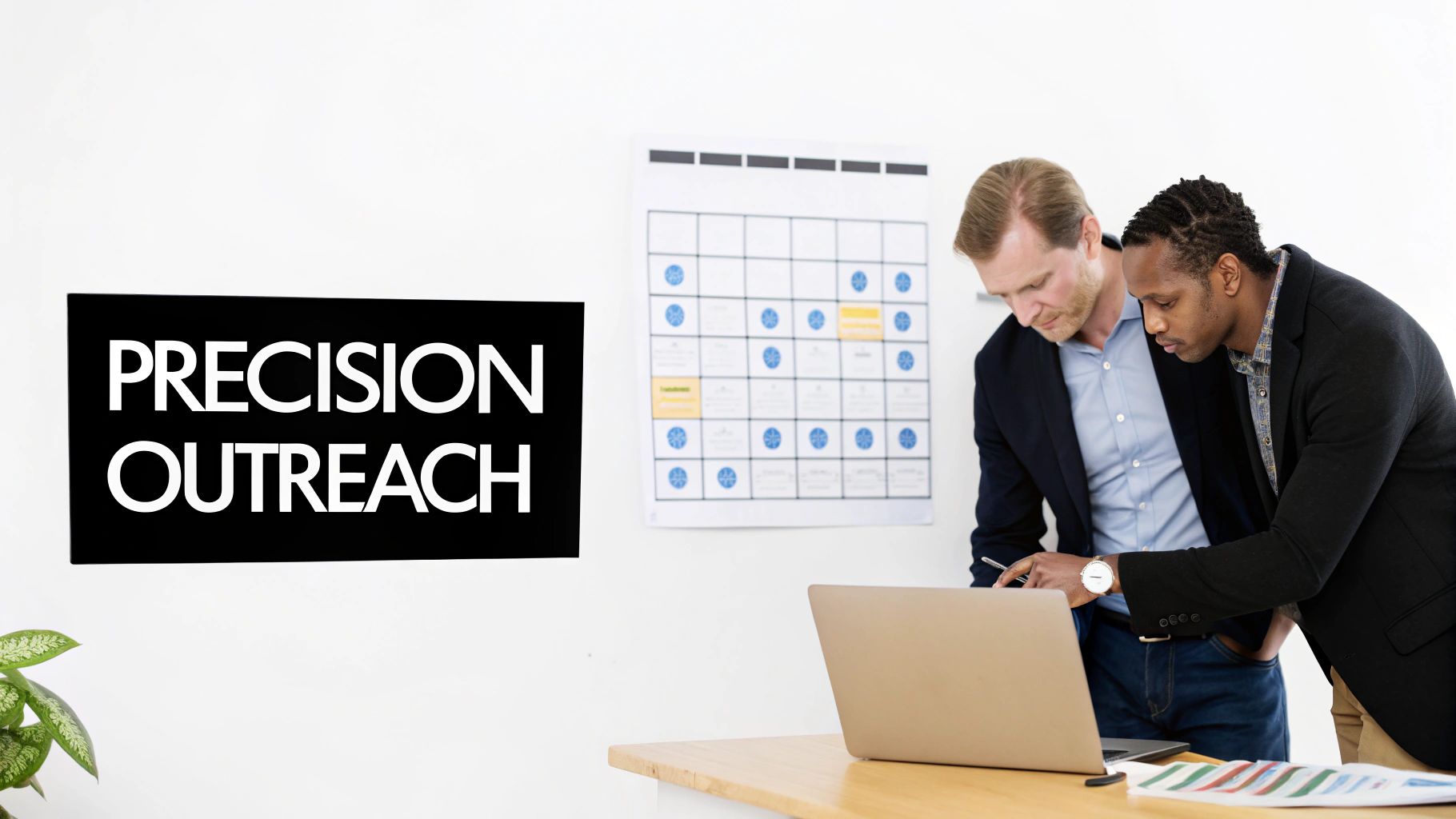 Two diverse businessmen reviewing data on a laptop, discussing an outreach strategy.