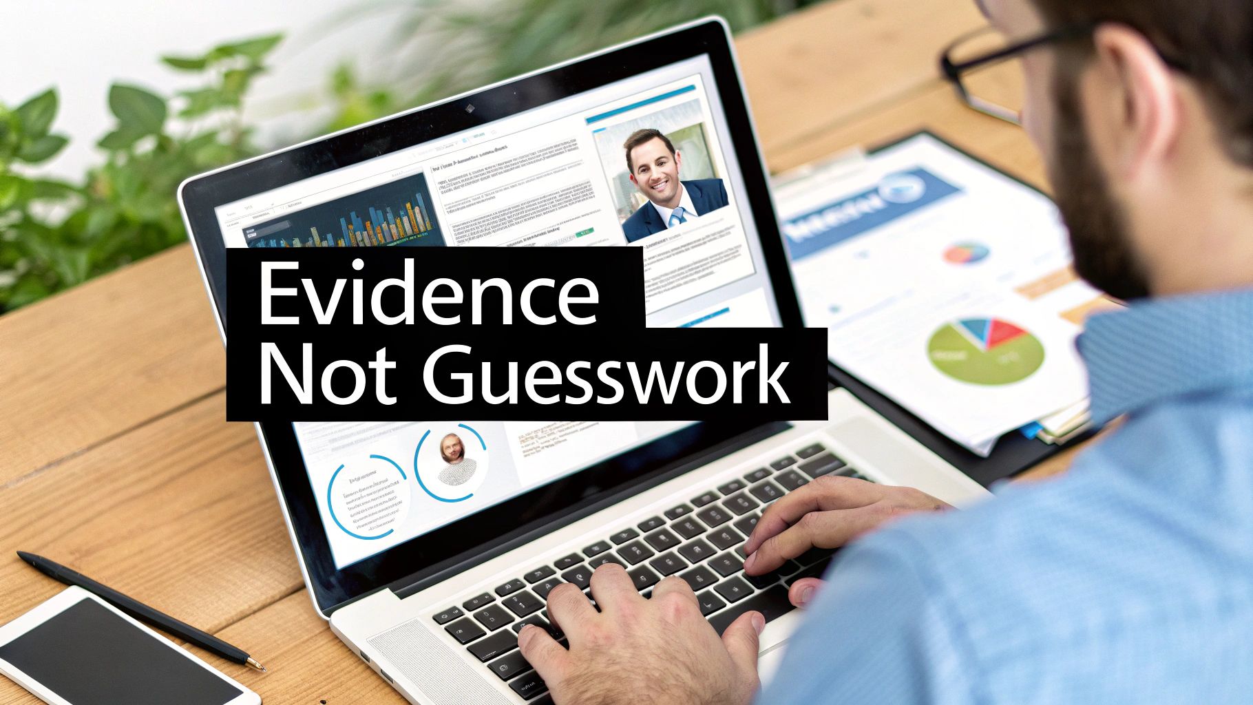 A man working on a laptop displaying data charts and a profile, with 'Evidence Not Guesswork' text overlay.