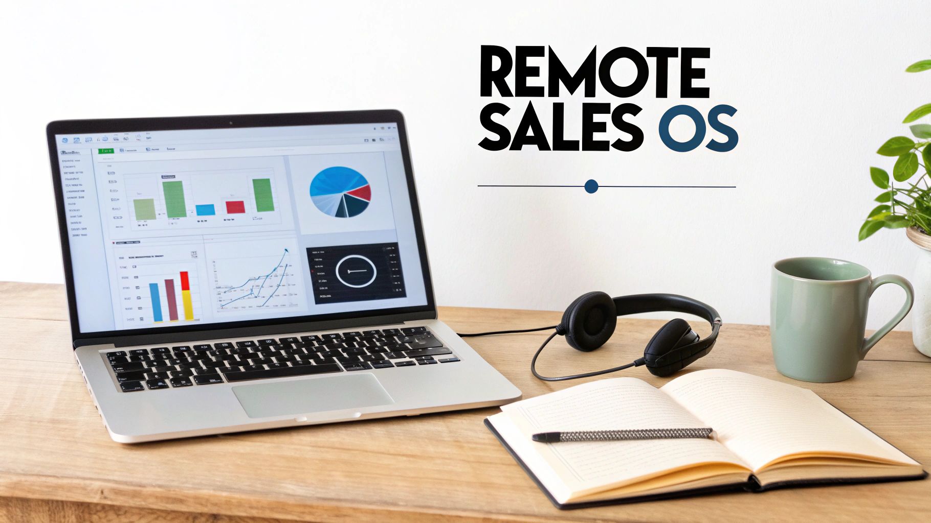 A laptop displaying sales analytics, headphones, notebook, and mug on a wooden desk for remote sales.