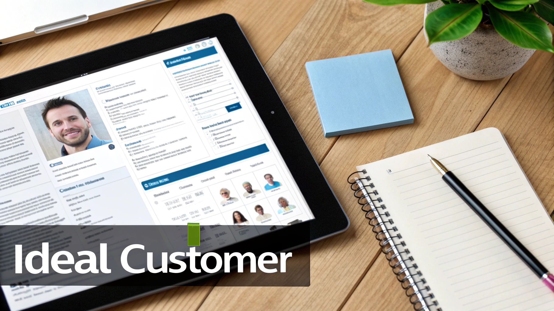 A tablet on a wooden desk displaying an ideal customer profile with a smiling man and CRM details.