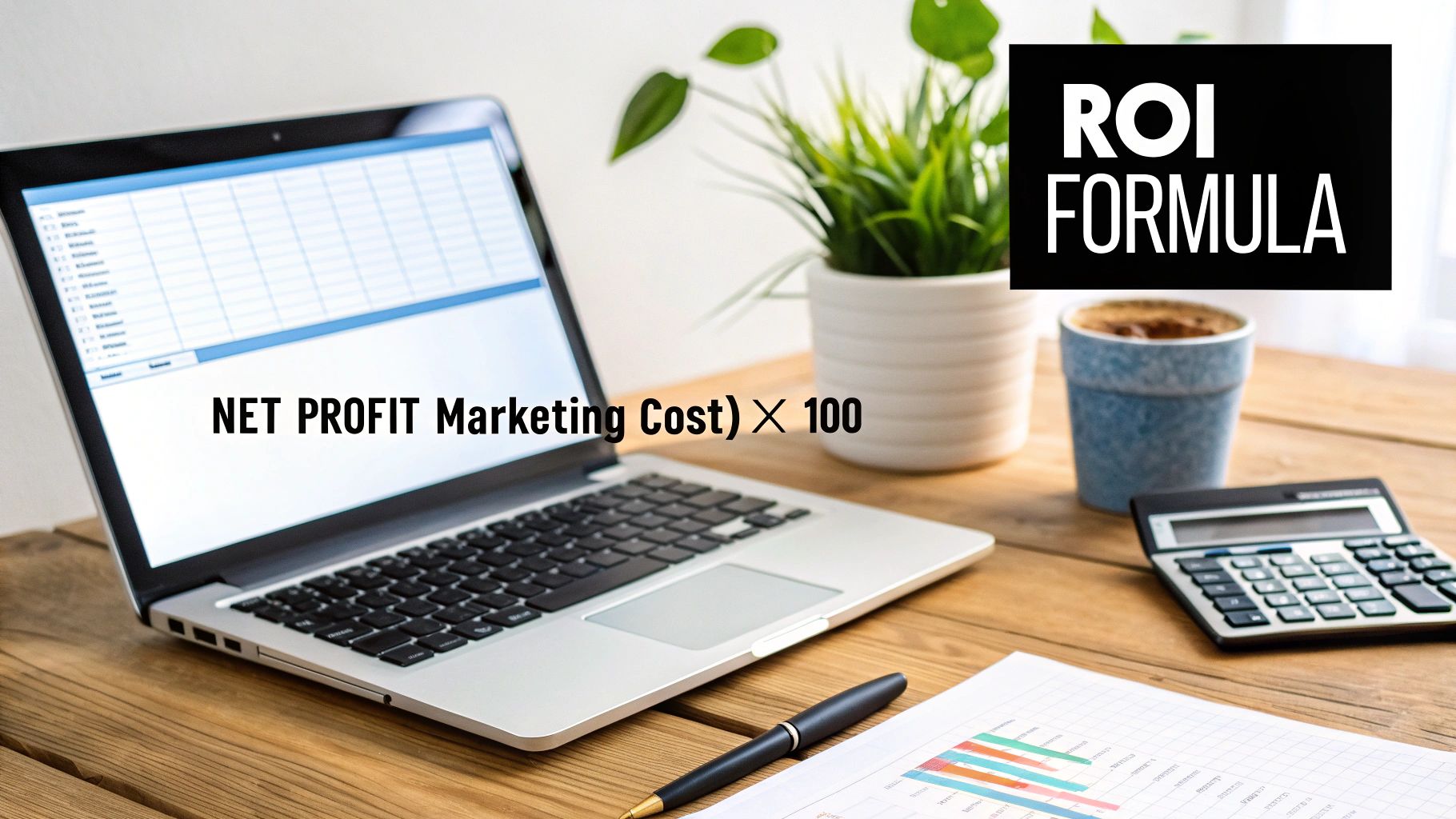 Desk setup with a laptop displaying an ROI marketing formula, alongside a calculator and coffee.