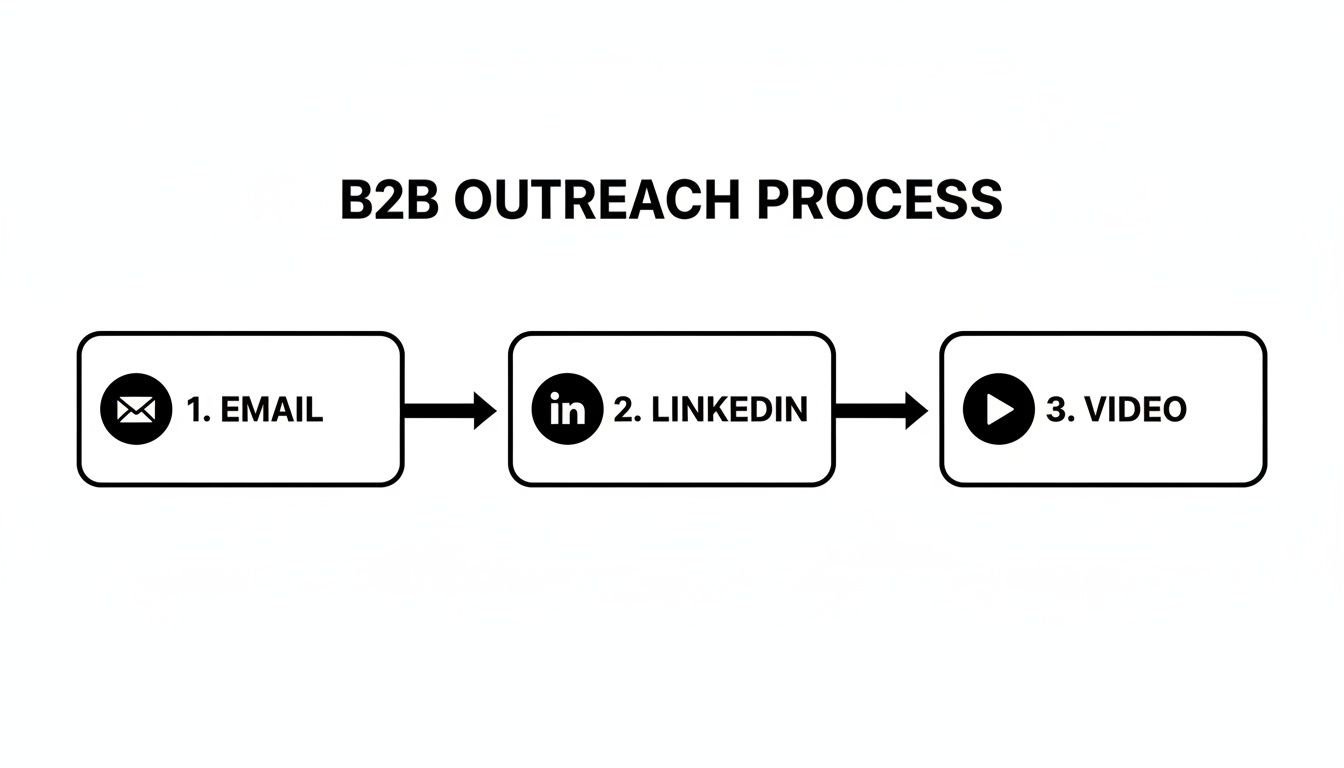 A diagram illustrates a B2B outreach process flowing from Email to LinkedIn to Video.