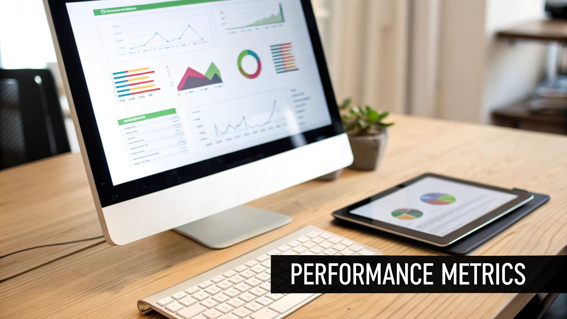 A computer screen displays performance metrics, charts, and graphs on a wooden desk with a tablet and keyboard.