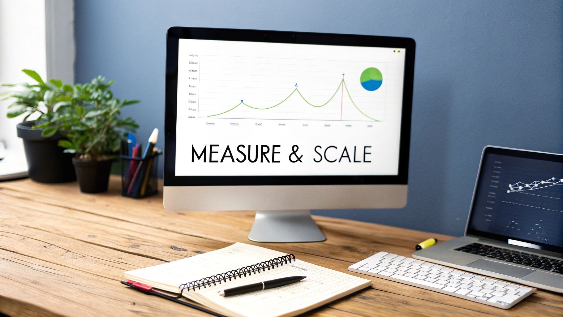 A desktop computer displays a graph and 'MEASURE &amp; SCALE' on a wooden desk with a laptop and notebook.
