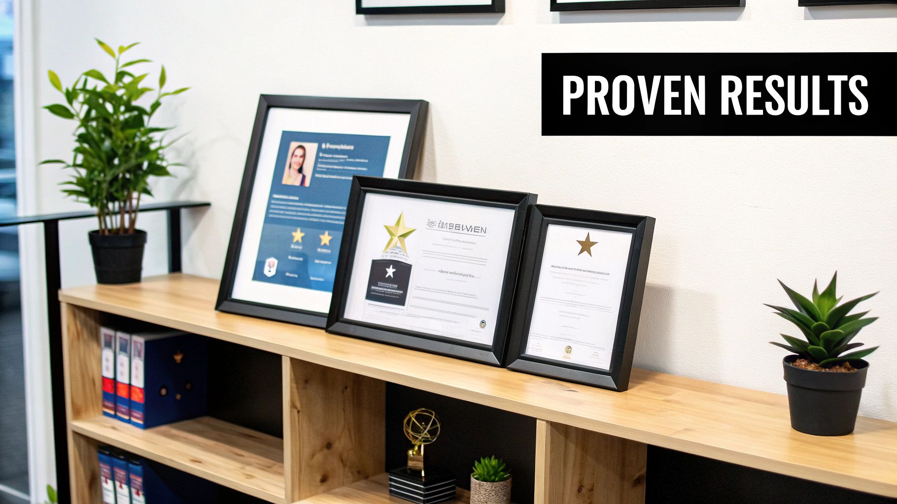 Framed awards and certificates with gold stars on a wooden shelf, alongside plants and a 'PROVEN RESULTS' banner.