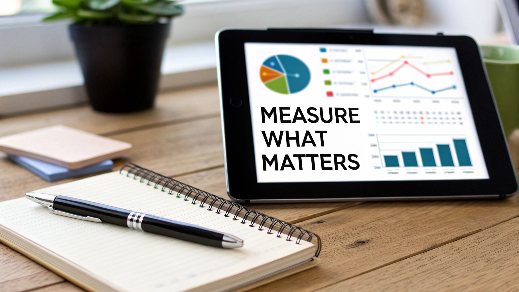A tablet on a wooden desk displays 'MEASURE WHAT MATTERS' with charts, next to a notebook and pen.