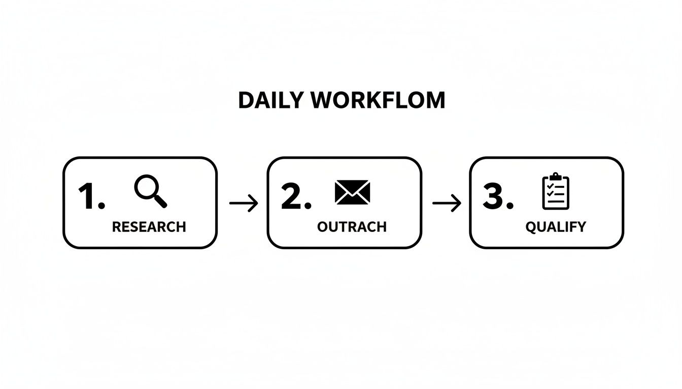 A simple daily workflow diagram outlining three steps: research, outreach, and qualify, connected by arrows.