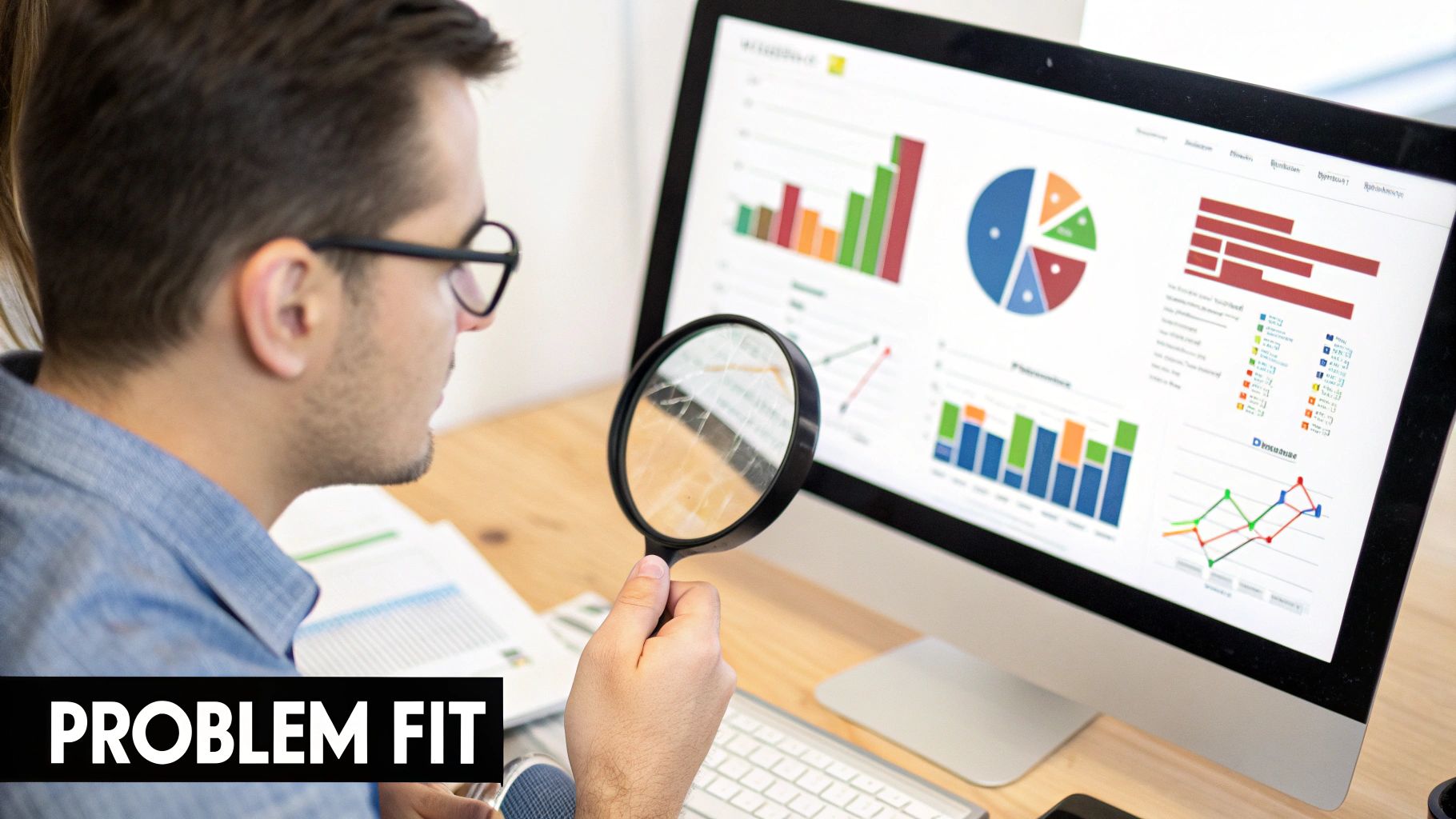 A man with glasses uses a magnifying glass to analyze data visualizations on a computer screen.