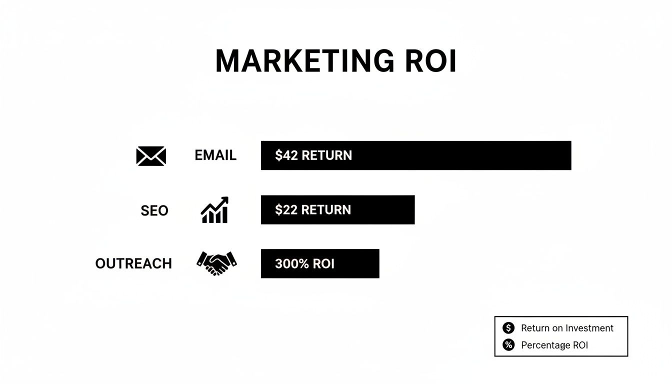 A marketing ROI chart showing Email generating $42 return, SEO $22 return, and Outreach 300% ROI.