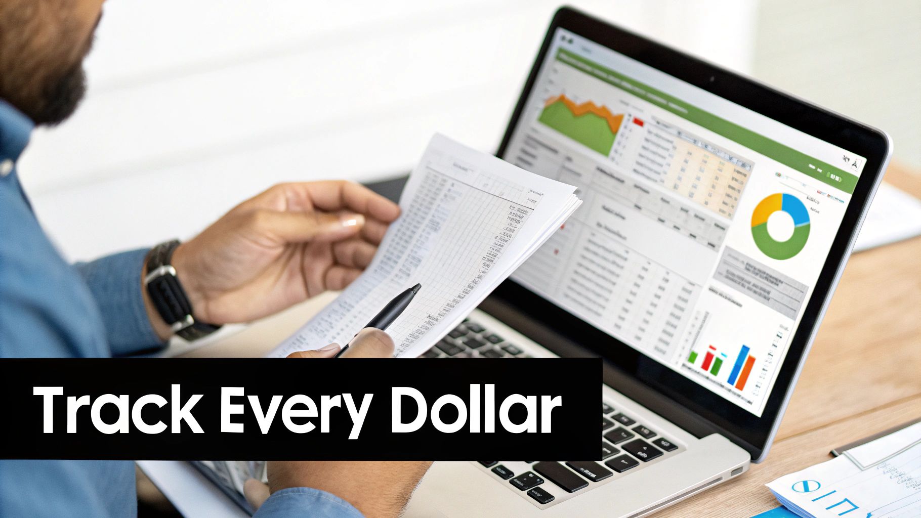 A person analyzing financial reports and data on a laptop, tracking expenses and ROI.