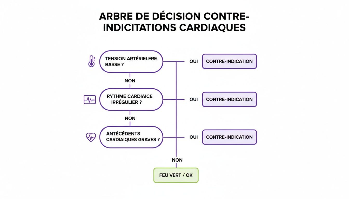 Arbre de décision pour identifier les contre-indications cardiaques basé sur la tension artérielle, le rythme cardiaque et les antécédents.