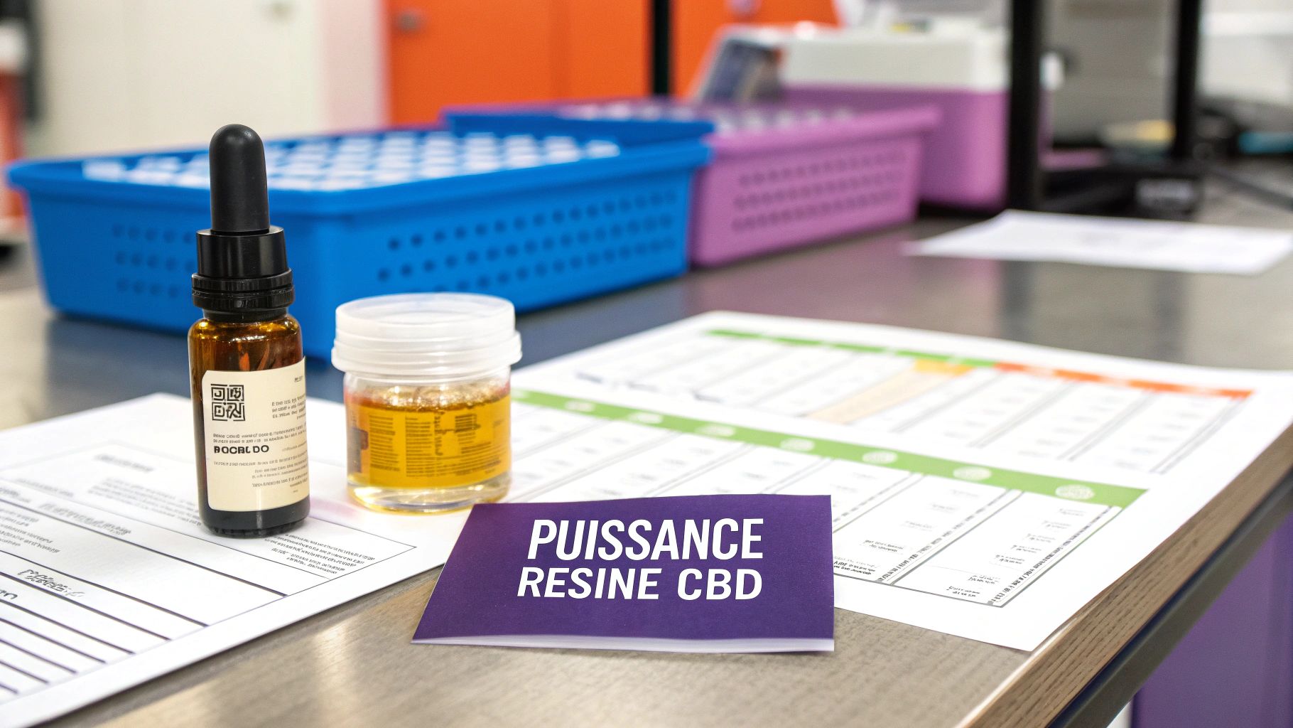 Bouteille d'huile de CBD, pot de résine CBD et carte promotionnelle sur un bureau avec des documents.
