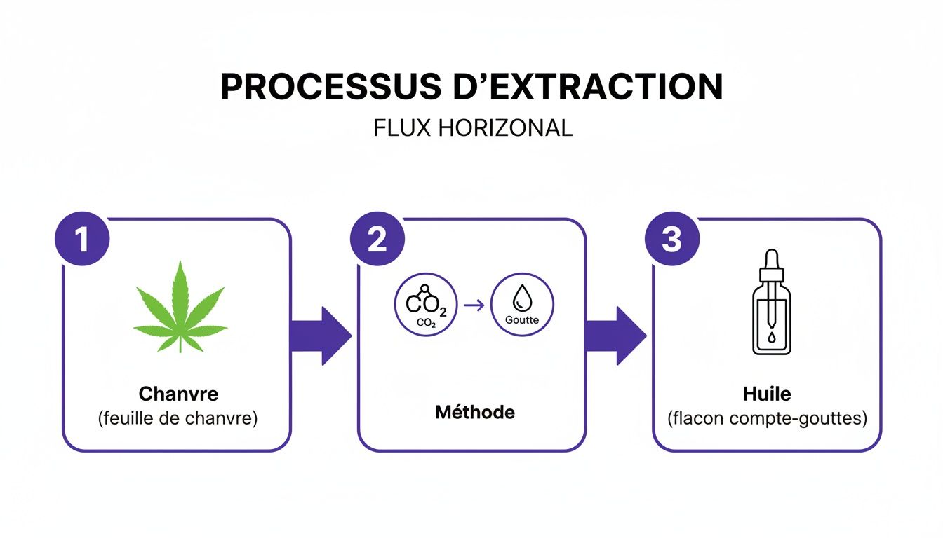 Diagramme illustrant les étapes clés du processus d'extraction d'huile de chanvre, du chanvre brut à l'huile finale.