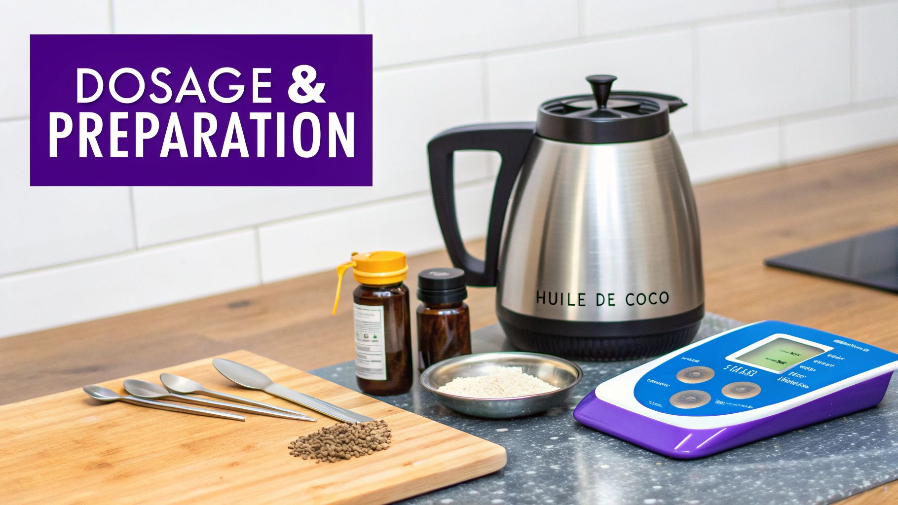 Une table de cuisine avec une bouilloire, des cuillères doseuses, des ingrédients et un appareil, illustrant le dosage et la préparation.