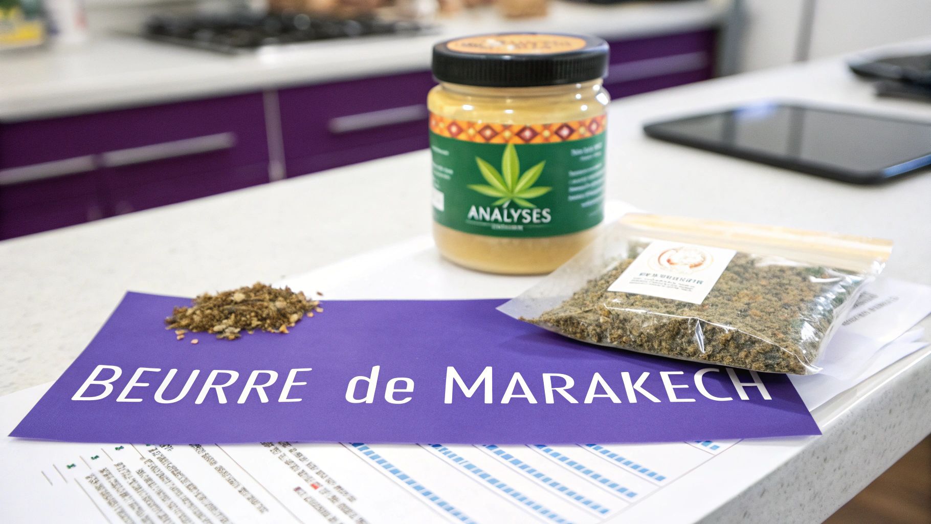 Un pot d'analyses de cannabis, un sachet d'herbes séchées, un tas d'herbes et une feuille indiquant « Beurre de Marrakech » sur un comptoir.