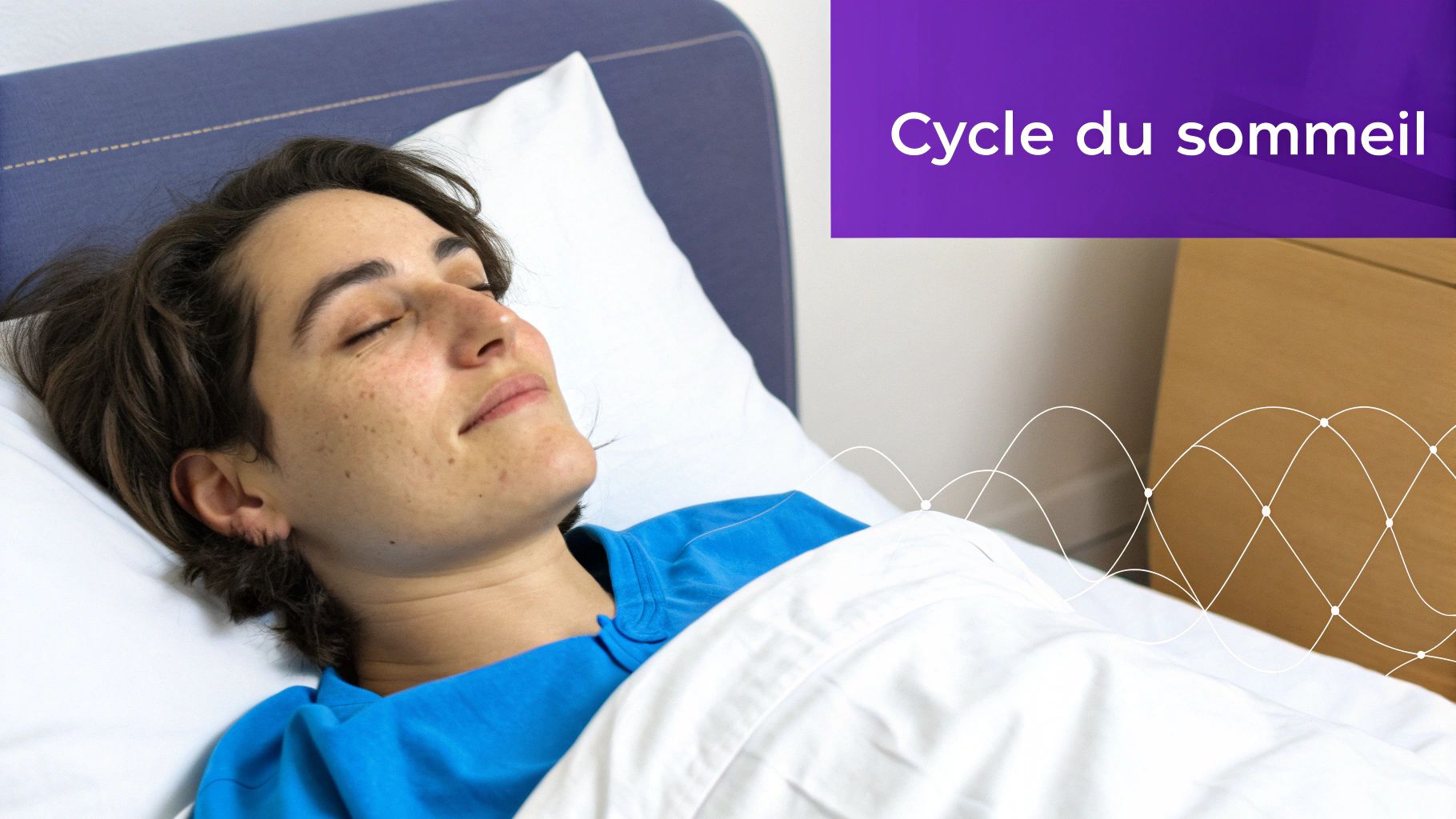 Une femme dort paisiblement dans son lit, avec le texte 'Cycle du sommeil' et des ondes illustrant le sommeil.