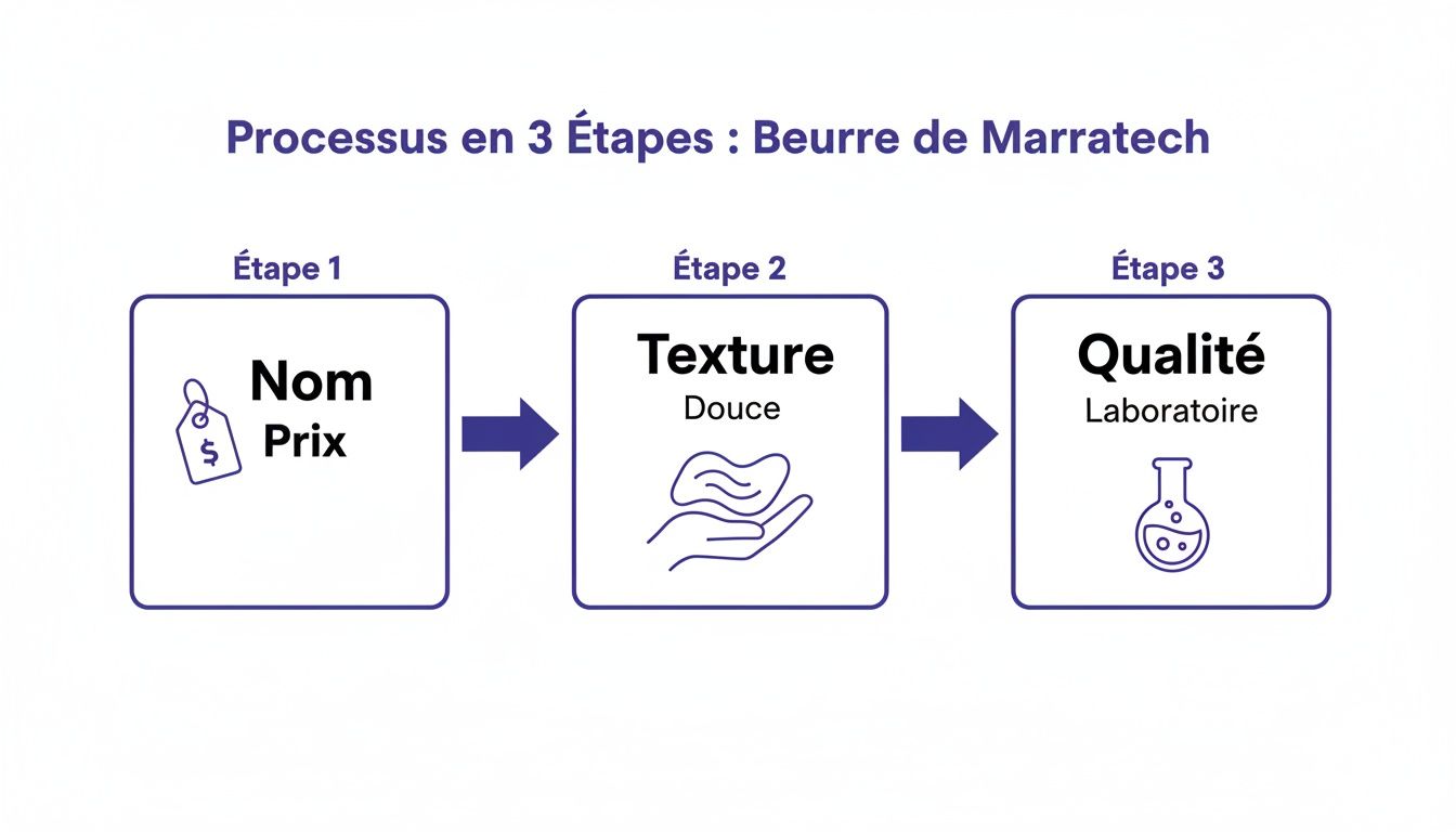 Infographie montrant le processus en 3 étapes du beurre de Marratech : Nom/Prix, Texture Douce, et Qualité Laboratoire.