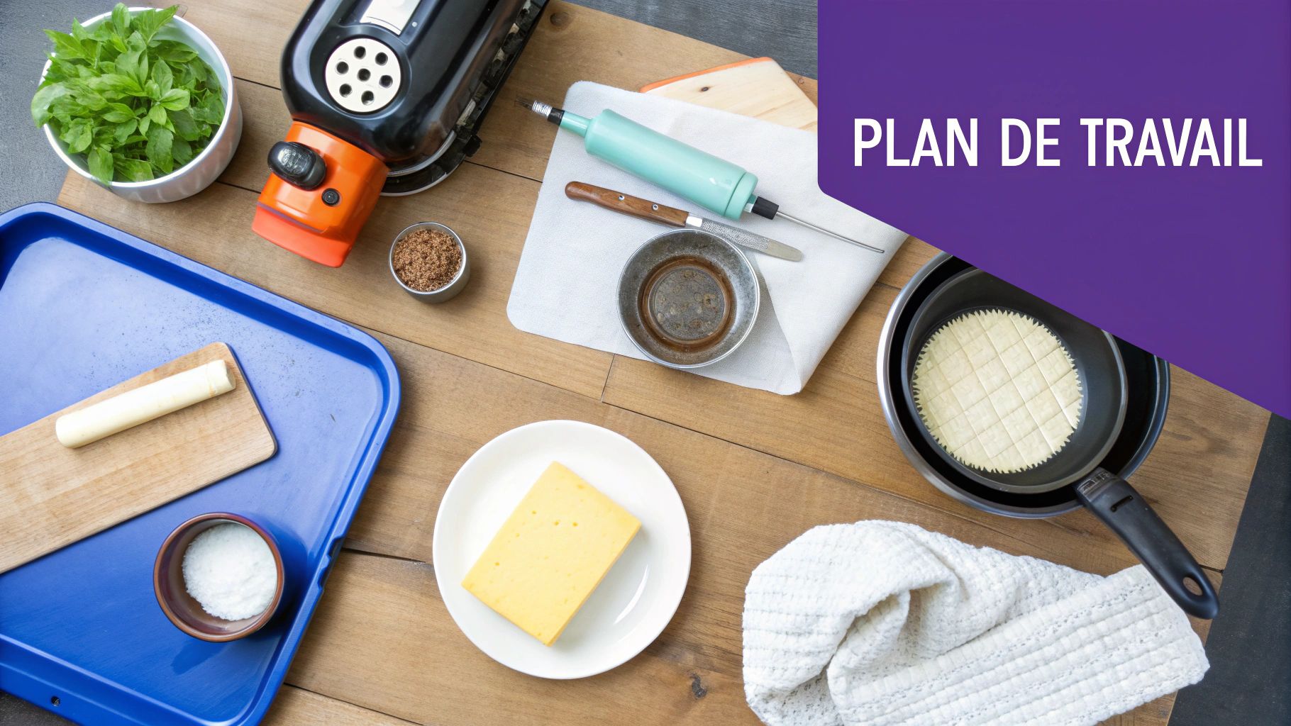 Plan de travail de cuisine avec herbes, beurre, fromage, pâte, ustensiles et épices pour une recette.