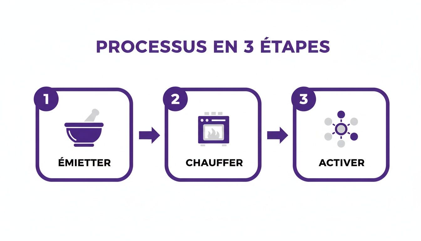 Schéma expliquant un processus en trois étapes pour activer un produit : émietter, chauffer, puis activer.