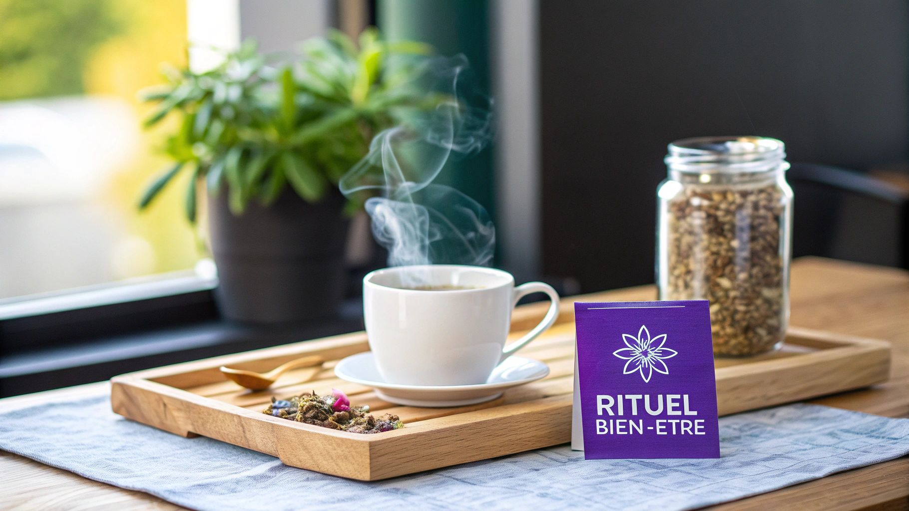 Une tasse de thé chaud fumant, des herbes et une carte 'Rituel Bien-être' sur un plateau en bois.