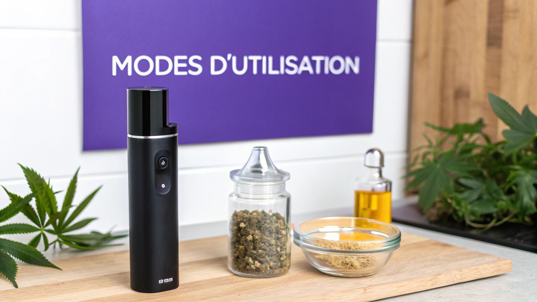 Image montrant un vaporisateur, des herbes séchées, du kief et de l'huile pour divers modes d'utilisation du cannabis.
