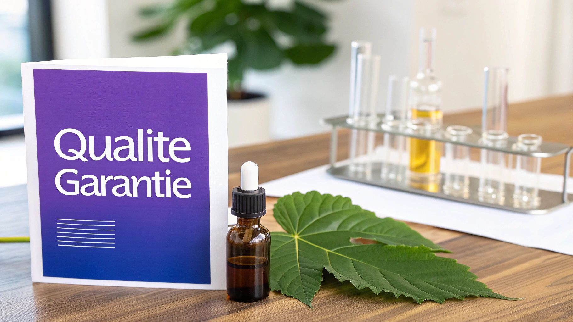 Flacon compte-gouttes, feuilles vertes et matériel de laboratoire sur table en bois avec une carte "Qualité Garantie".