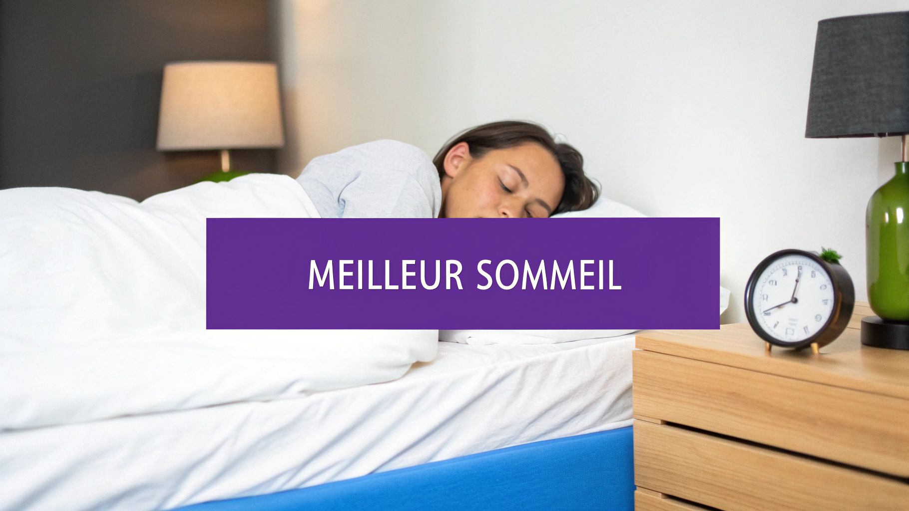 Une personne dort paisiblement dans un lit blanc, avec une bannière violette affichant « Meilleur Sommeil ».