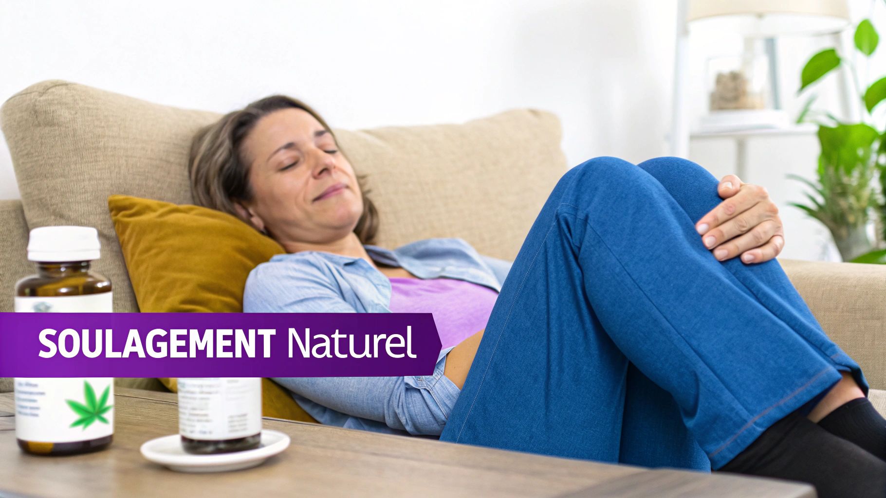 Une femme sereine se détend sur un canapé, avec des produits de CBD sur une table pour un soulagement naturel.