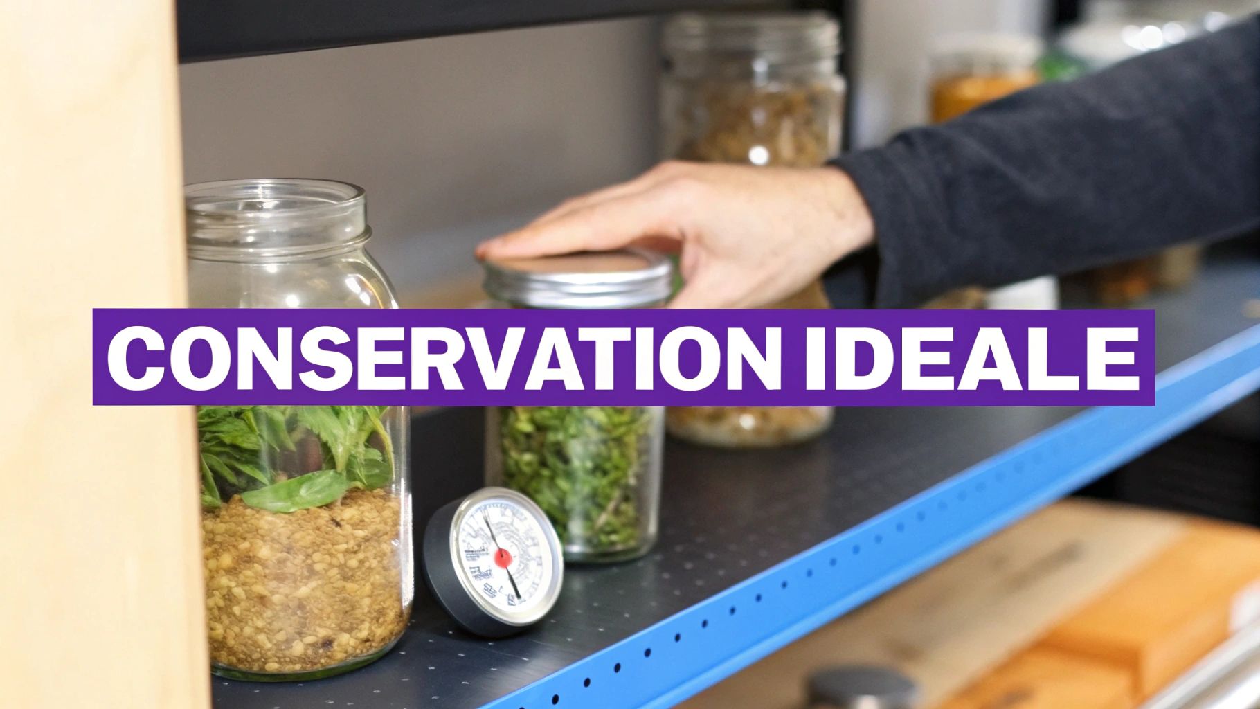 Bocaux de plantes avec un thermomètre et une main sur une étagère, texte "CONSERVATION IDEALE".