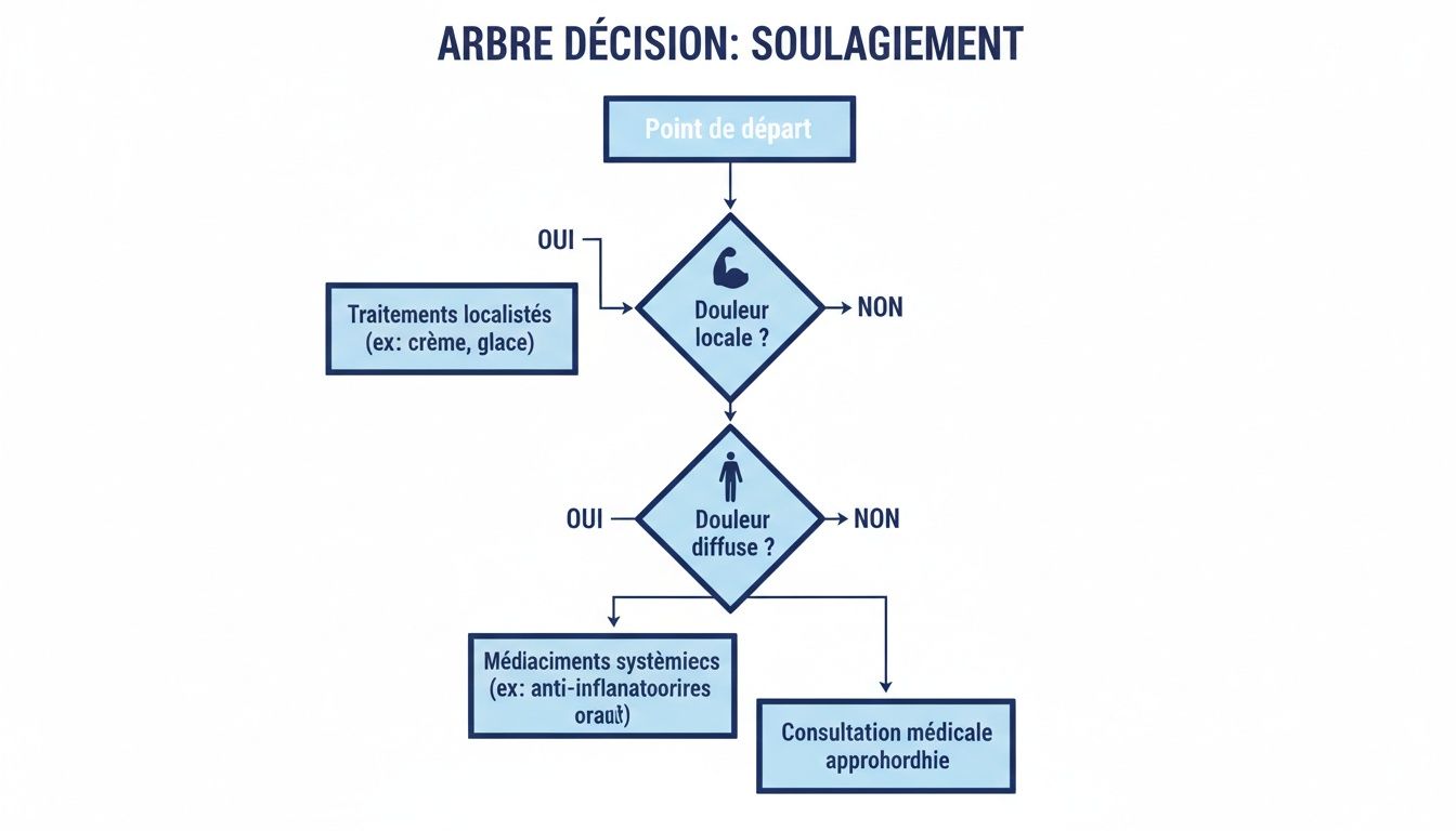 Diagramme d'arbre de décision pour le soulagement de la douleur, guidant les traitements selon la nature locale ou diffuse.