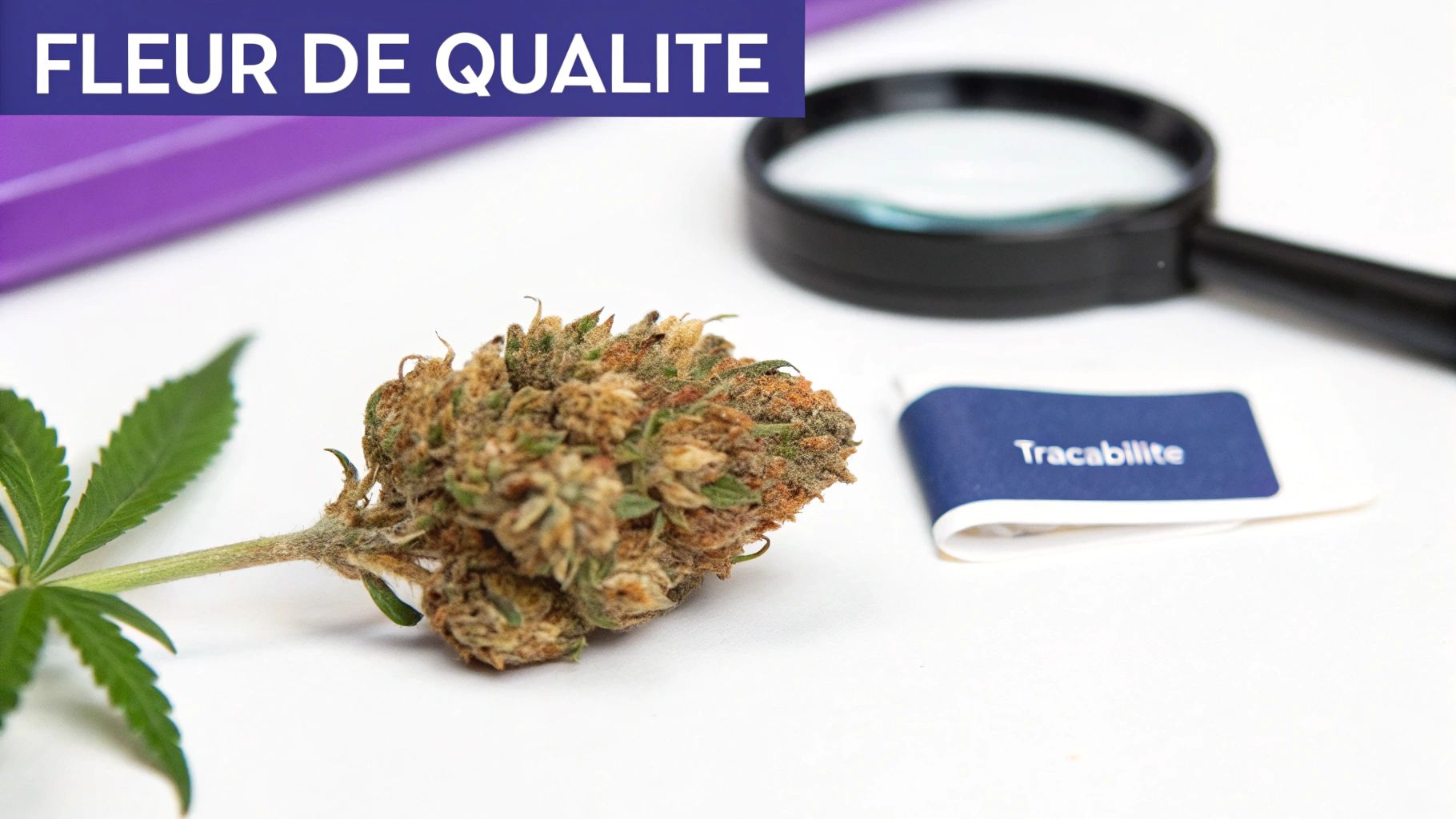Gros plan sur une fleur de cannabis avec une feuille, une loupe et une étiquette de traçabilité, sur fond blanc.