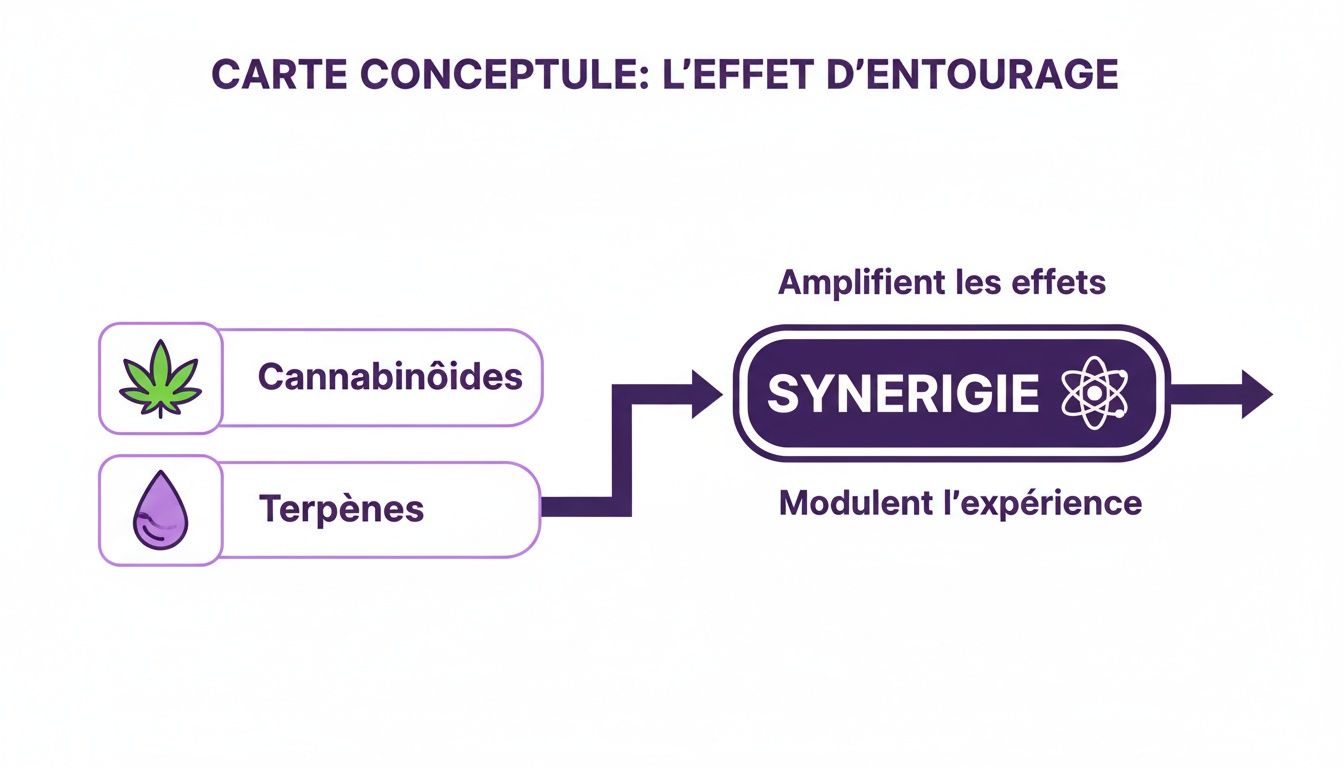 Schéma conceptuel de l'effet d'entourage montrant comment les cannabinoïdes et terpènes créent une synergie.