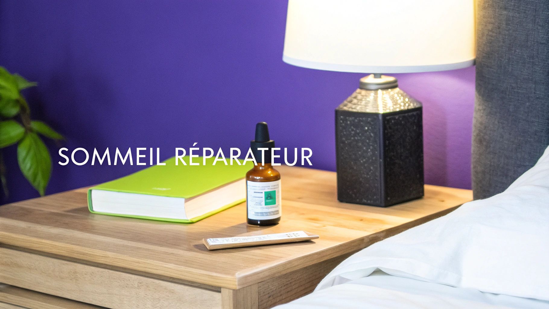 Table de chevet avec lampe, livre vert et bouteille, le texte 'SOMMEIL RÉPARATEUR' est superposé.