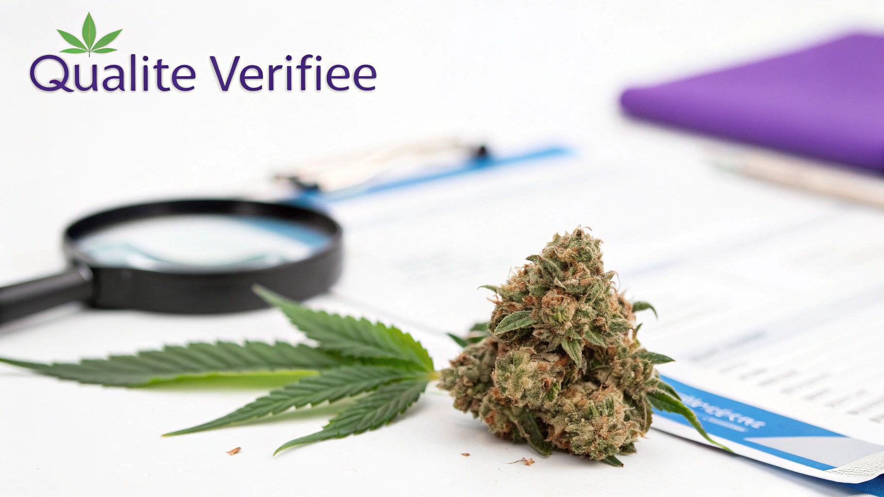 Un bourgeon de cannabis et une feuille avec une loupe sur des documents, soulignant le contrôle qualité et la certification.