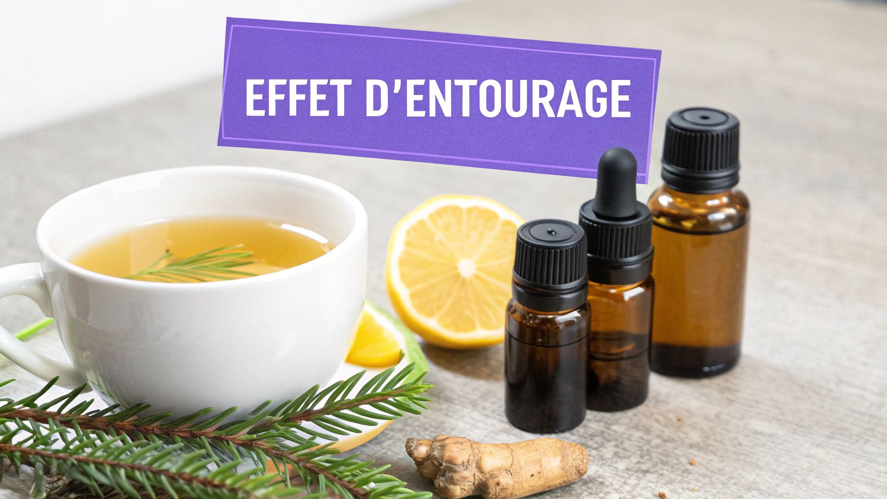Tasse de tisane, citron, huiles essentielles et le texte 'EFFET D'ENTOURAGE' sur fond clair.