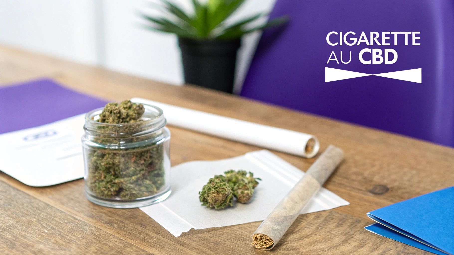 Image montrant un bocal de fleurs de CBD, une cigarette roulée, et des feuilles, avec l'inscription "CIGARETTE AU CBD".