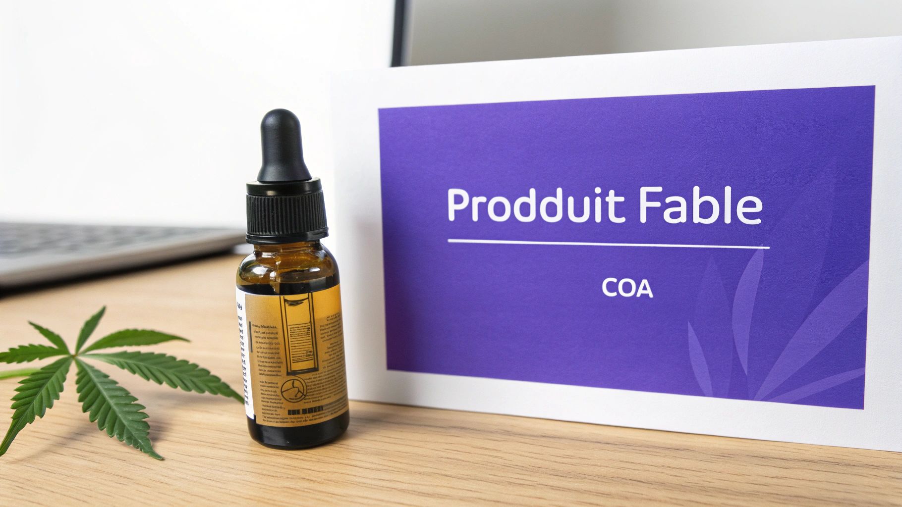 Bouteille d'huile de CBD, feuille de cannabis et document COA sur une table en bois.