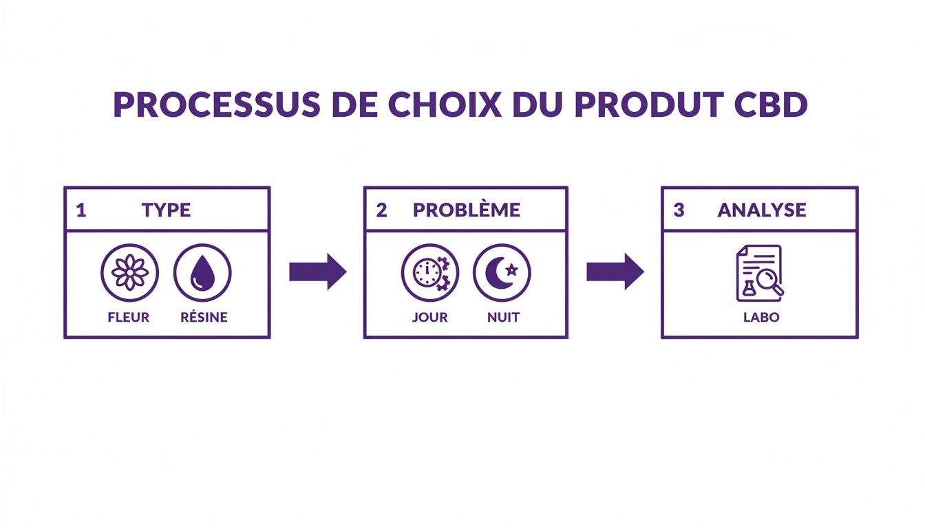 Diagramme illustrant le processus de sélection d'un produit CBD : type (fleur, résine), problème (jour/nuit) et analyse laboratoire.