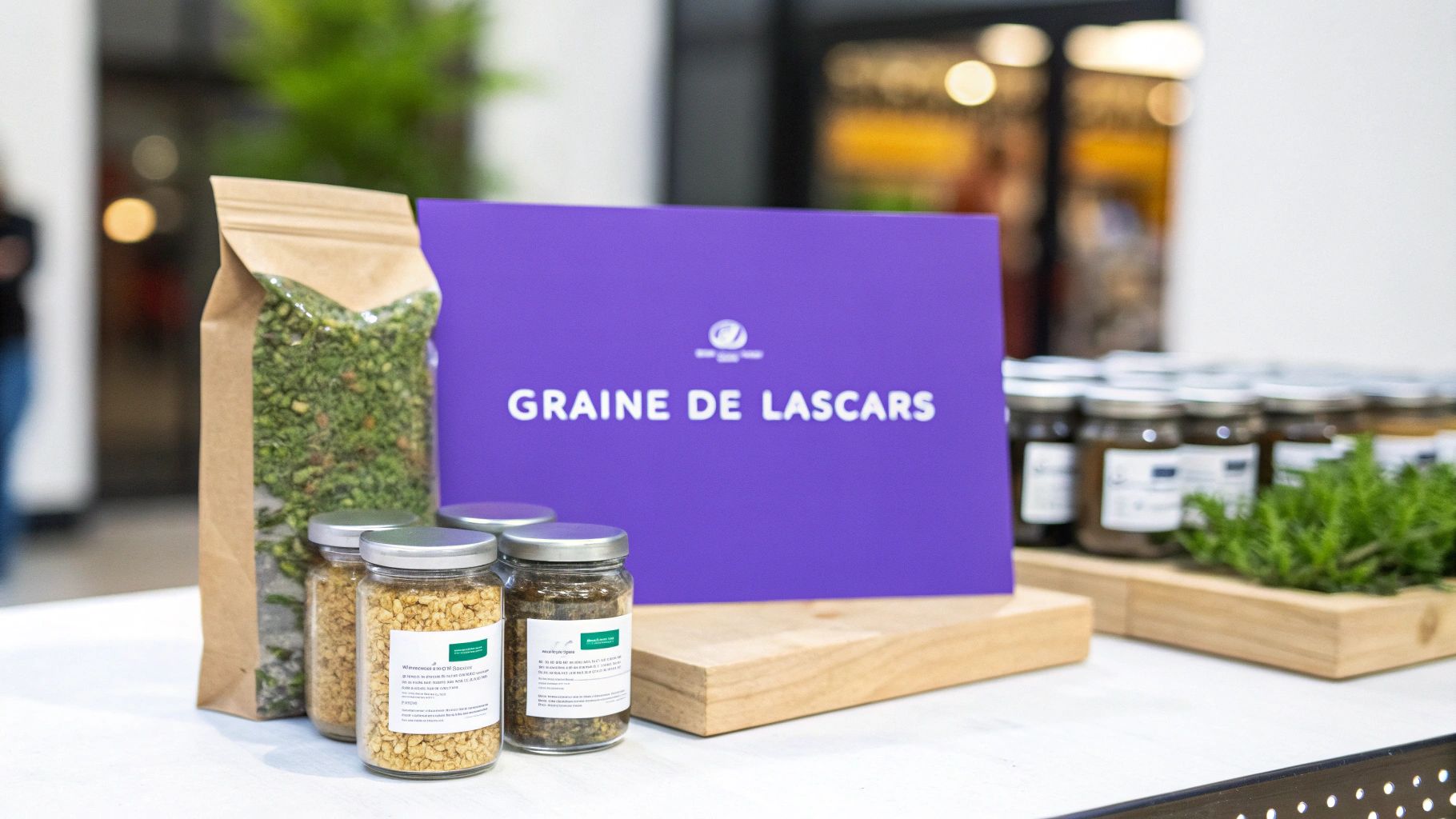 Présentation des produits naturels Graine de Lascars : sac d'herbes, bocaux de graines et affiche violette.