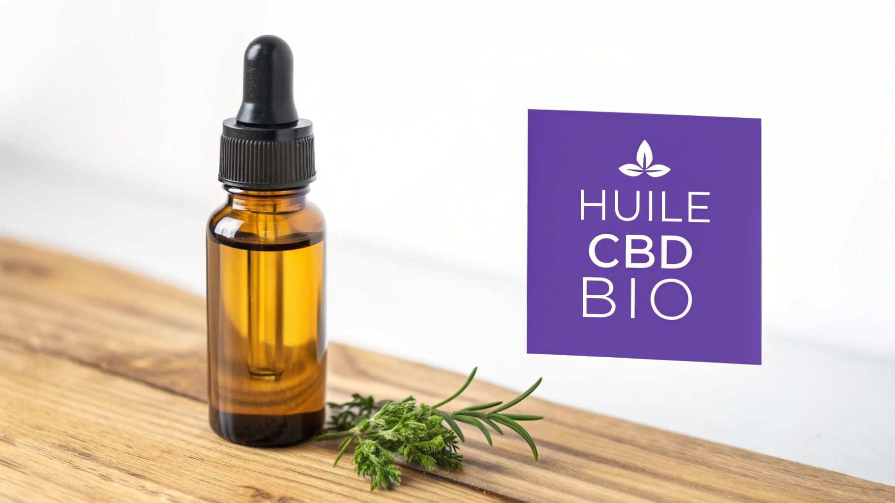 Bouteille d'huile de CBD biologique avec pipette, posée sur une planche en bois avec des herbes vertes, et une étiquette violette.